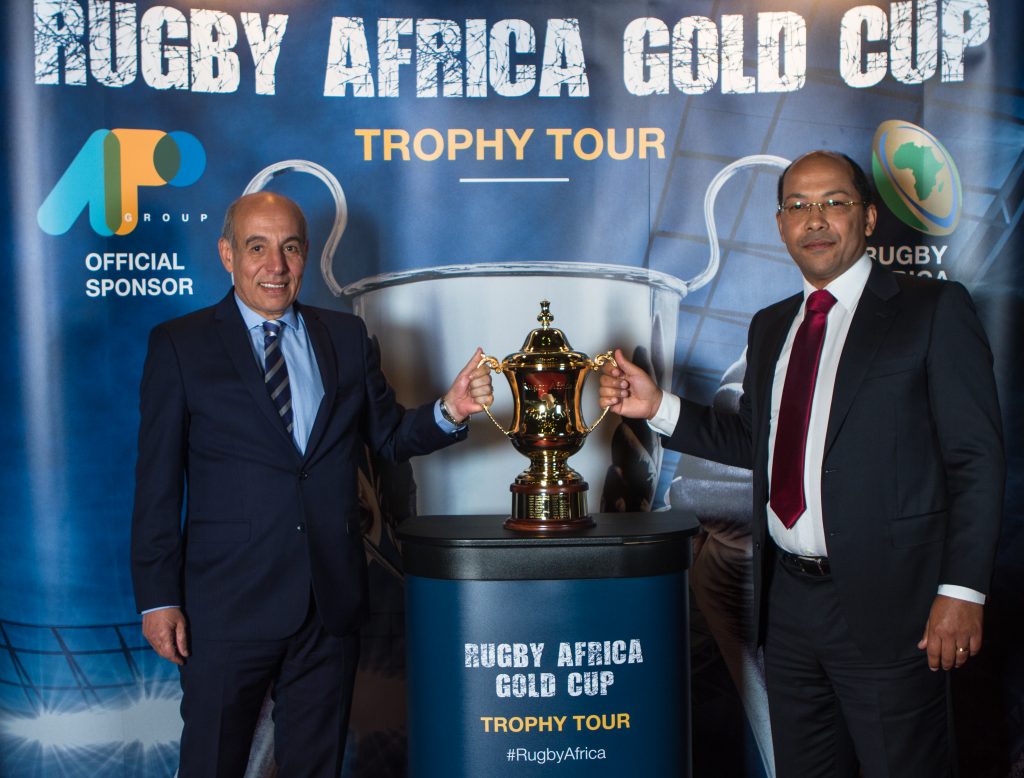 BRUSSELS, BELGIUM - MAY 8: Abdelaziz Bougja; Chairman of World Rugby's African association and Nicolas Pompigne-Mognard; Founder & CEO of APO group  unveiling the new Rugby Africa Gold Cup's perpetual trophy during the 81st AIPS congress at Le Plaza Hotel  on May 8, 2018 in Brussels, Belgium.  (Photo by Jorge Luis Alvarez Pupo/Getty Images for APO Group)