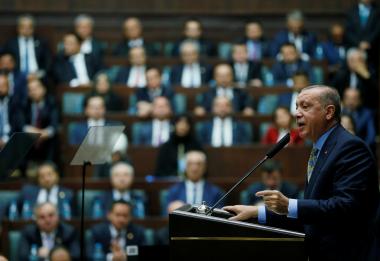Turkish President Tayyip Erdogan addresses members of parliament from his ruling AK Party (AKP) during a meeting at the Turkish parliament in Ankara, Turkey October 23, 2018. Murat Cetinmuhurdar/Presidential Press Office/Handout via REUTERS