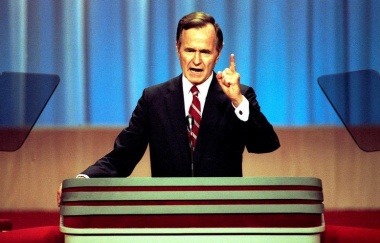 FILE PHOTO: Vice President George H.W. Bush gives his acceptance speech at the Republican National Convention in New Orleans, Louisiana in this August 18, 1988 handout photo obtained by Reuters November 30, 2012. George Bush Presidential Library and Museum/Handout via REUTERS/File Photo     ATTENTION EDITORS - THIS IMAGE WAS PROVIDED BY A THIRD PARTY      TPX IMAGES OF THE DAY - RC1A2B3B6B20