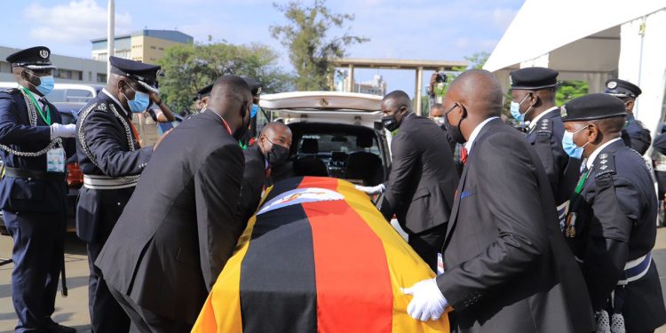 The body of the fallen speaker Jacob Oulanyah leaving from Parliament.