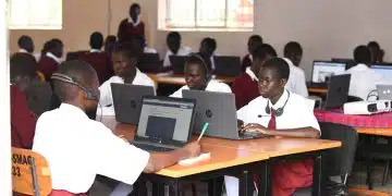 Pupils at St. Mary Asumpta Girls Secondary School Pekelle in Adjumani district attend a biology lesson online during the launch of the UNICEF and Airtel Africa partnership. The partnership launched on March 20, 2023 aims at accelerating quality and equitable digital learning in Uganda. 
PHOTO BY MARIA WAMALA